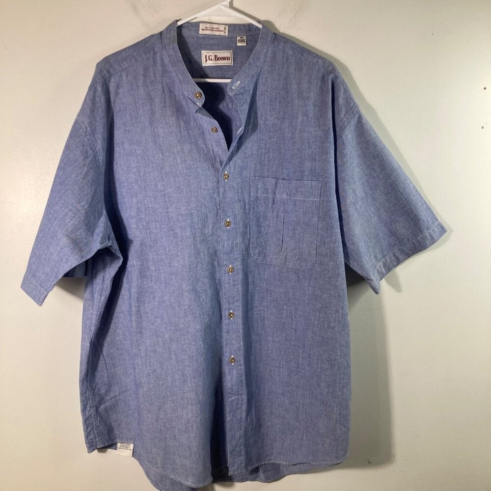 Mens J G Brown Cotton Button Shirt Nehru Collar Short Sleeve 171/2 Blue